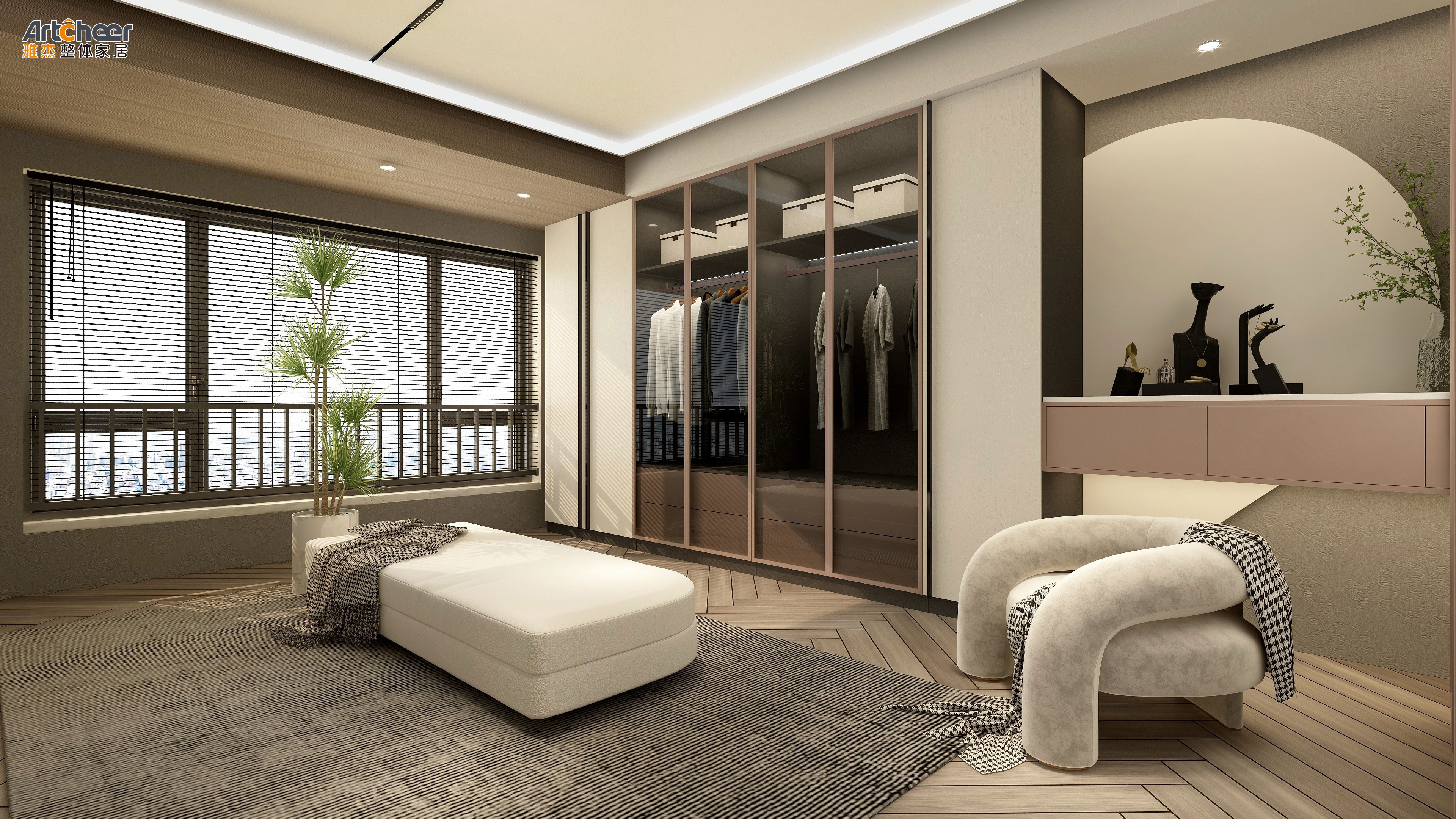 Create a Chic Walk-In Closet with a Wardrobe Featuring Glass Doors and Accessories