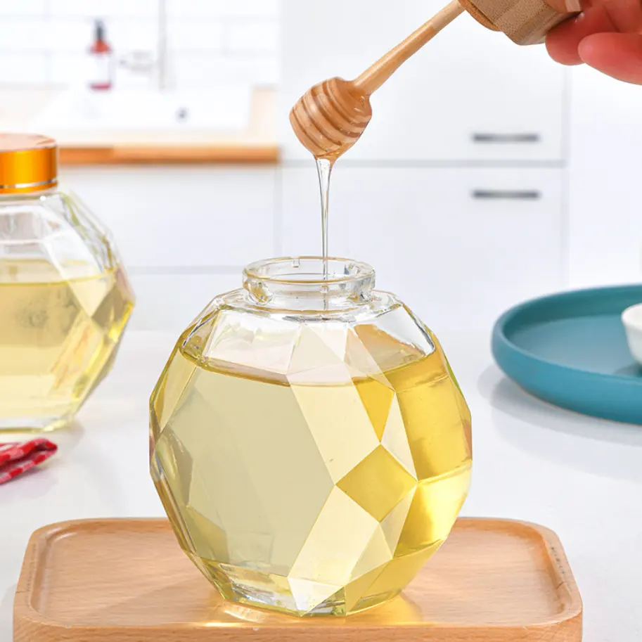 300ml Customized Hexagon Glass Honey Jars with Cork Sealing Type and Wooden Dipper
