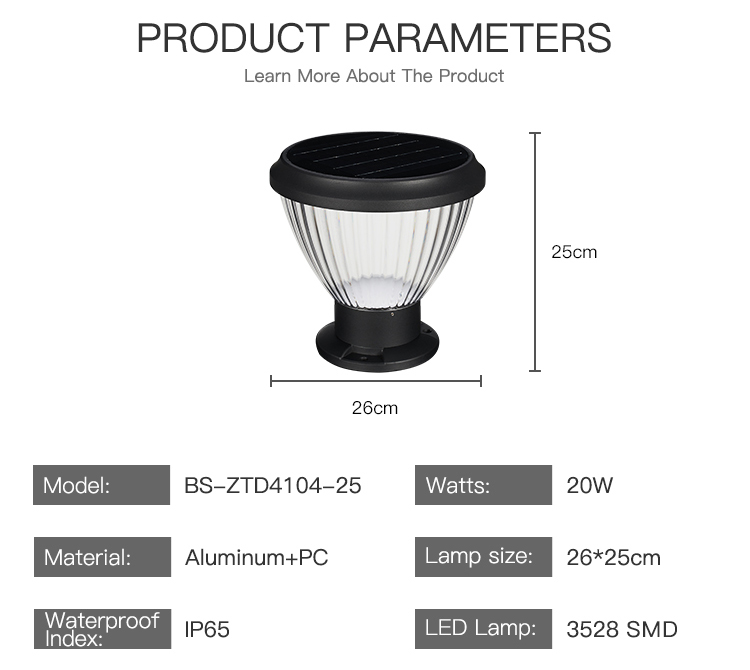 Monocrystalline Solar Panel Solar Powered Pillar Lights IP65 20W Cast Aluminum