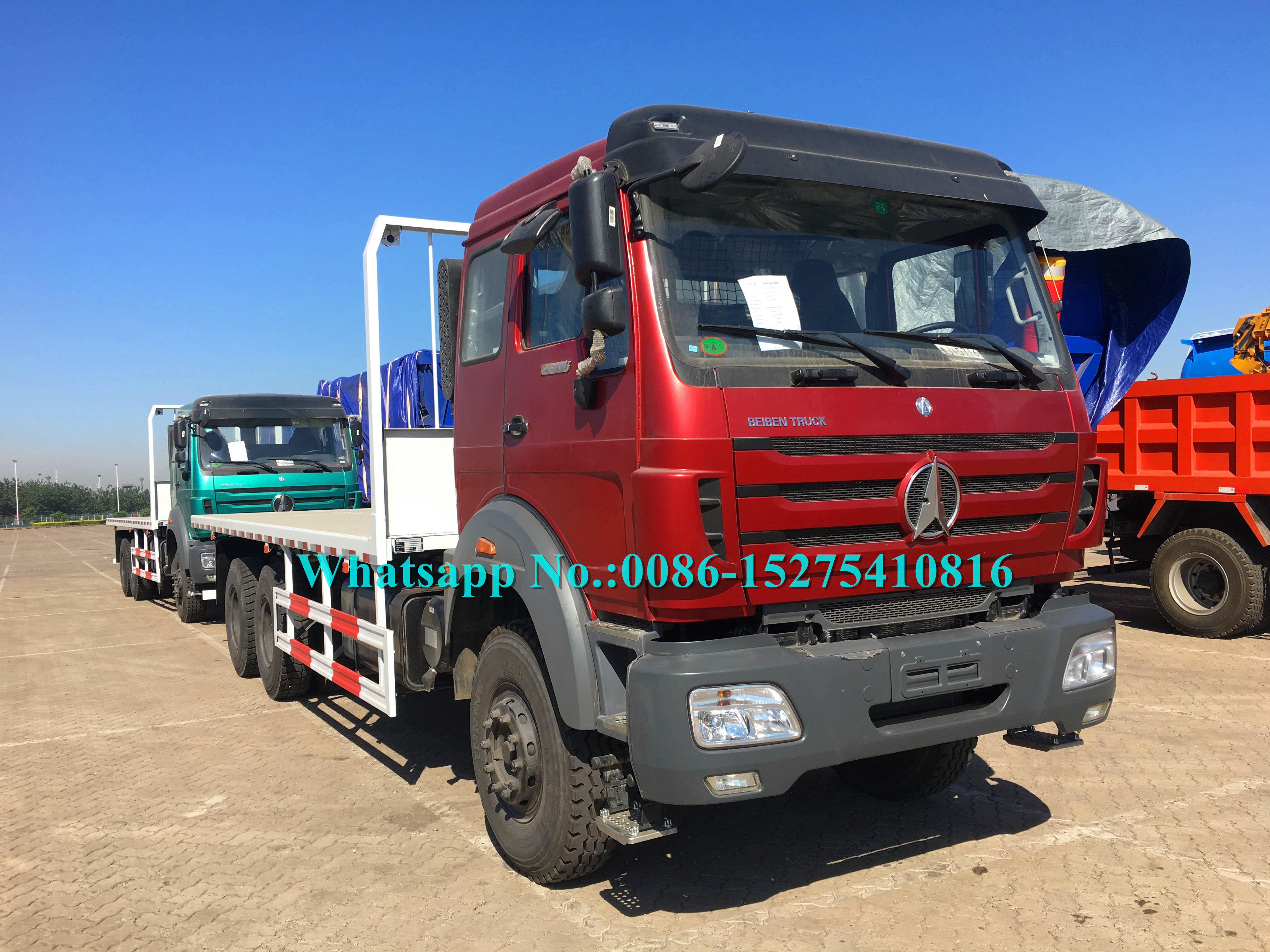 Ruby red color Beiben 6x4 2638PZ 25 30Ton 380hp Heavy Off Road Container Flat Bed Truck adopt Germany Benz Technology