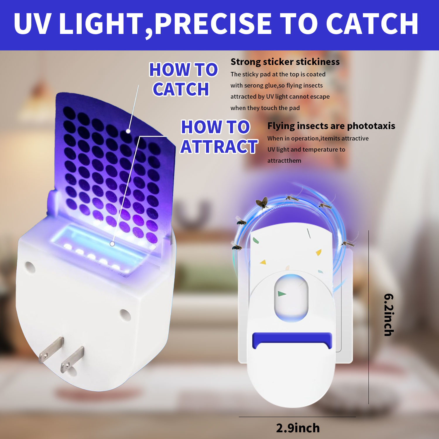 JZ Pest Control Indoor Household Plug in Style UVA LED Blue Light Electric Power Automatic Fly Catcher