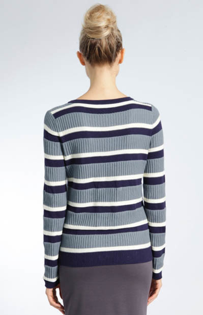 WOMEN'S 37/33/25/5 VISCOSE/NYLON/LAMBSWOOL/CASHMERE RIB STRIPE SWEATER