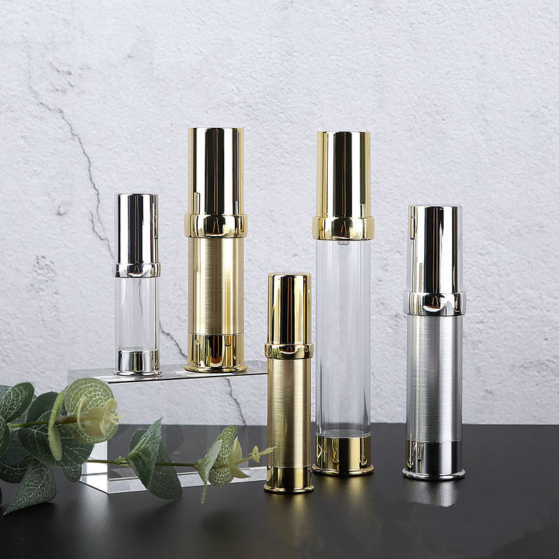 Pearly Gold Plastic Aluminum Airless Pump Bottle Lotion Vacuum Cosmetic Bottle 15ml