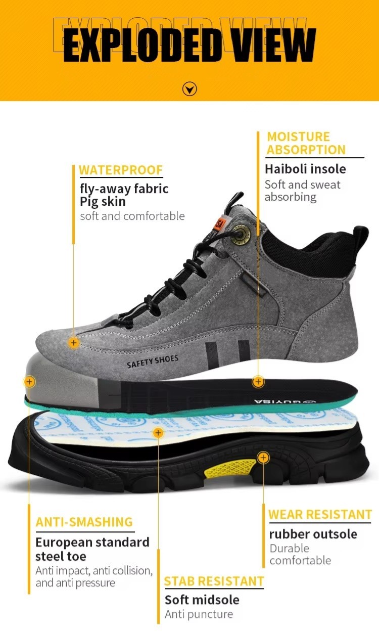 Gray Suede Safety Boots With Kevlar Midsole And Slip-Resistant Rubber Sole