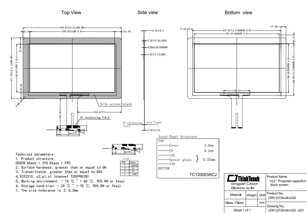 13.3 Inch 10 Point PCAP Touch Screen With 3mm Glass Vandal Proof