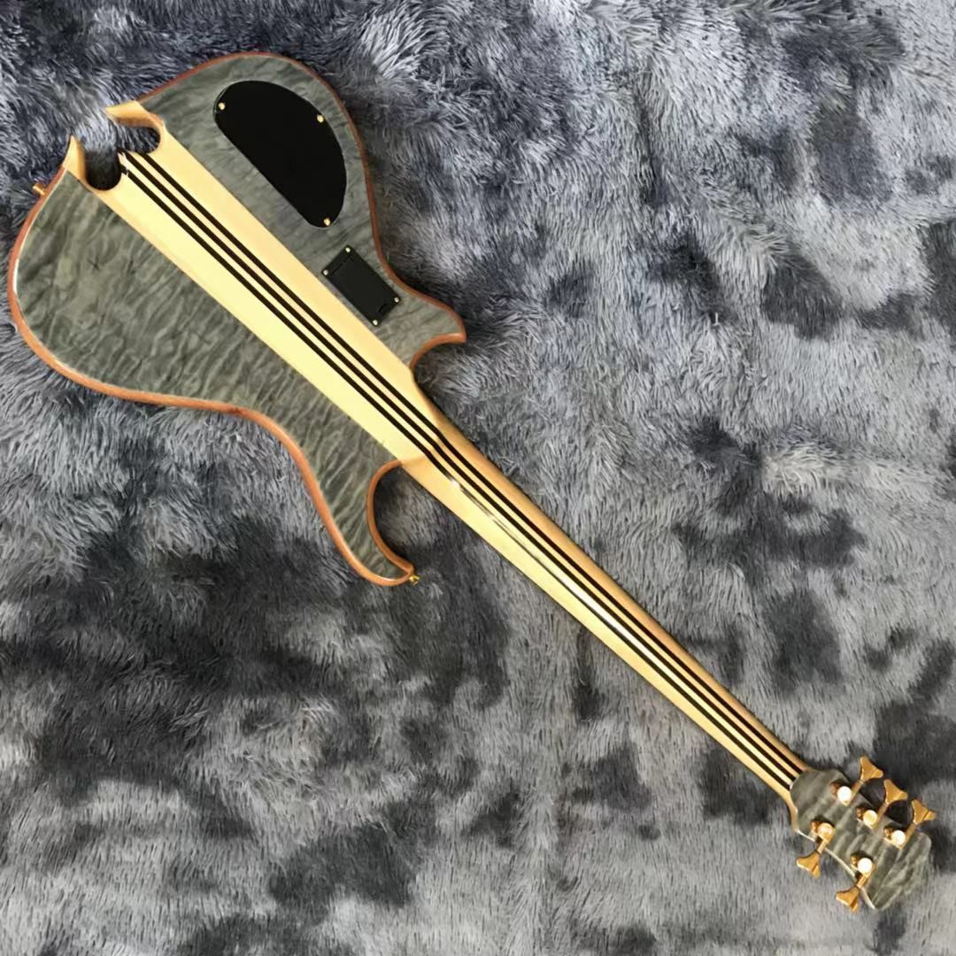 Custom Grand Neck Through Body Flamed Maple Top 5 Strings Bass Guitar Alem Cut Bottom Side LEDs