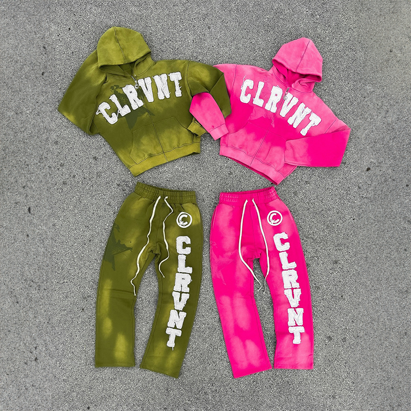 Distress Sweatsuit Clothing Manufacturers Custom Embroidery Patch Logo Zip up Acid Vintage Hoodies Heavyweight Washed Tracksuits