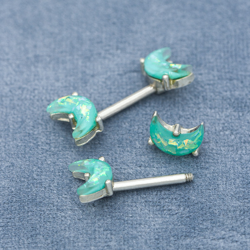 14G 1.6mm Double Nipple Piercing Jewelry Blue Green Dichroic Moon End