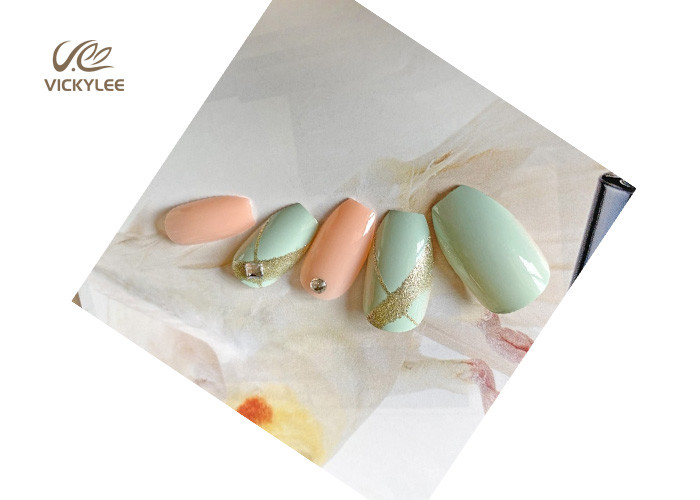 Coffin Artificial OEM Mint Green Fake Nails Press On Crystal Stone
