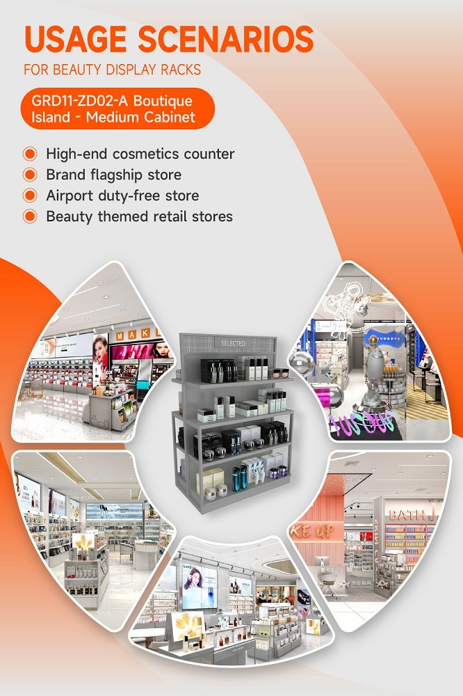 GDR11-ZD02-A Cosmetics Retail Display with LED Light Strips and T-Pillars and Power Tracks for Retail Stores