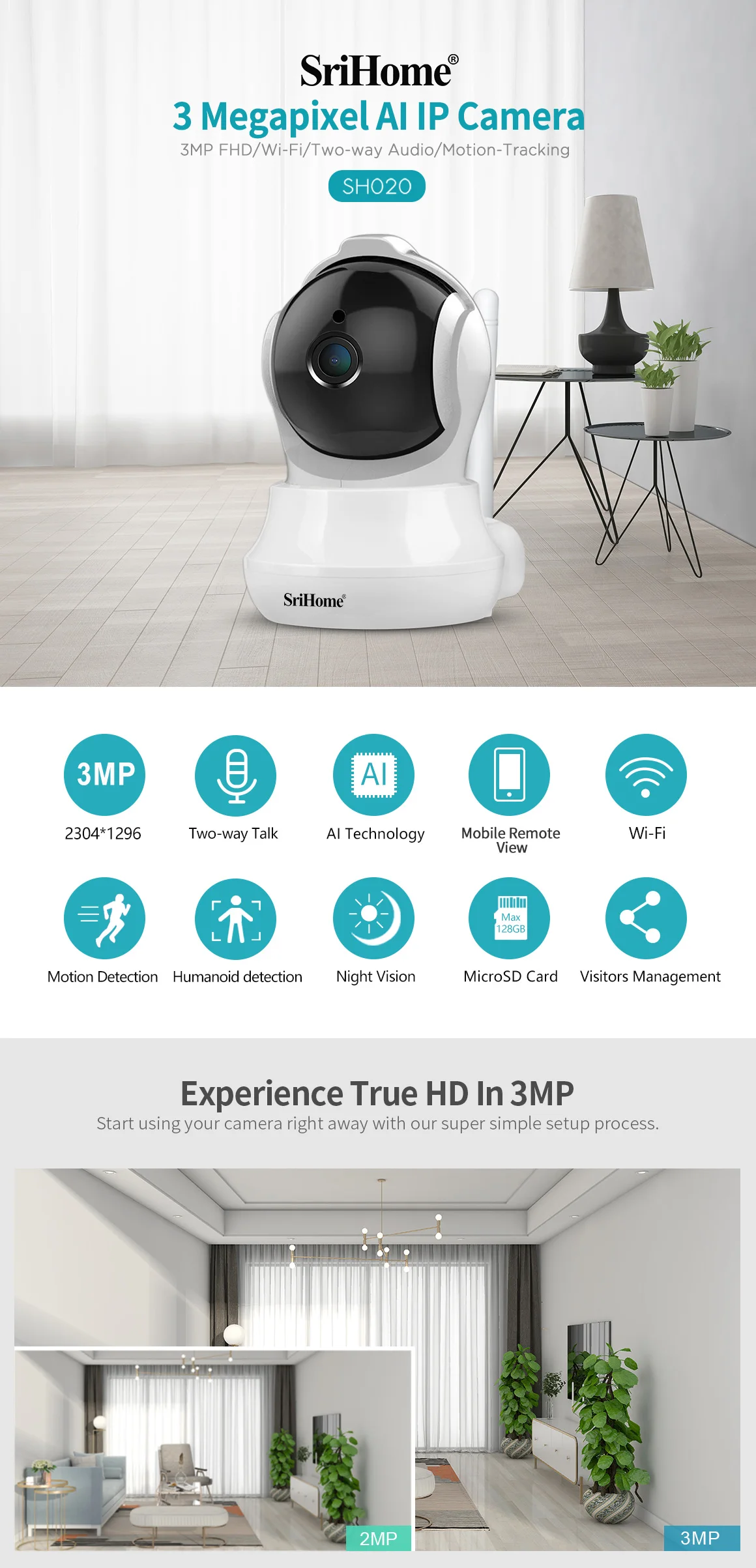 SriHome 3.6mm Lens SD Card Motion Detection Alarm Two-Way Audio IP CCTV Wireless WIFI Security Camera