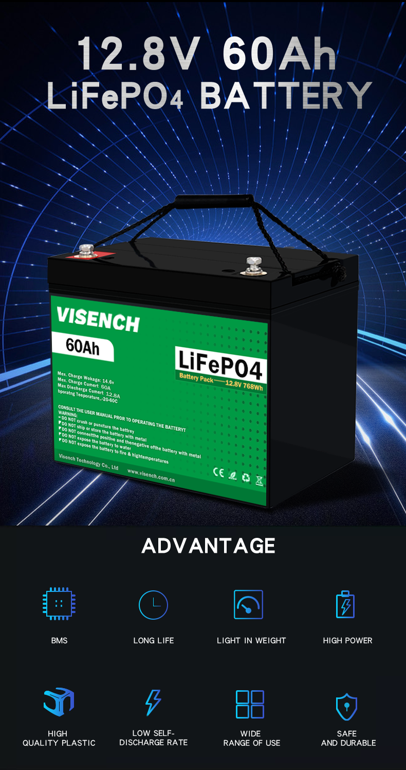 VISENCH BMS Deep Cycle Storage Energy System 12V 60Ah LiFePO4 Rechargeable Lithium iron Phosphate Battery