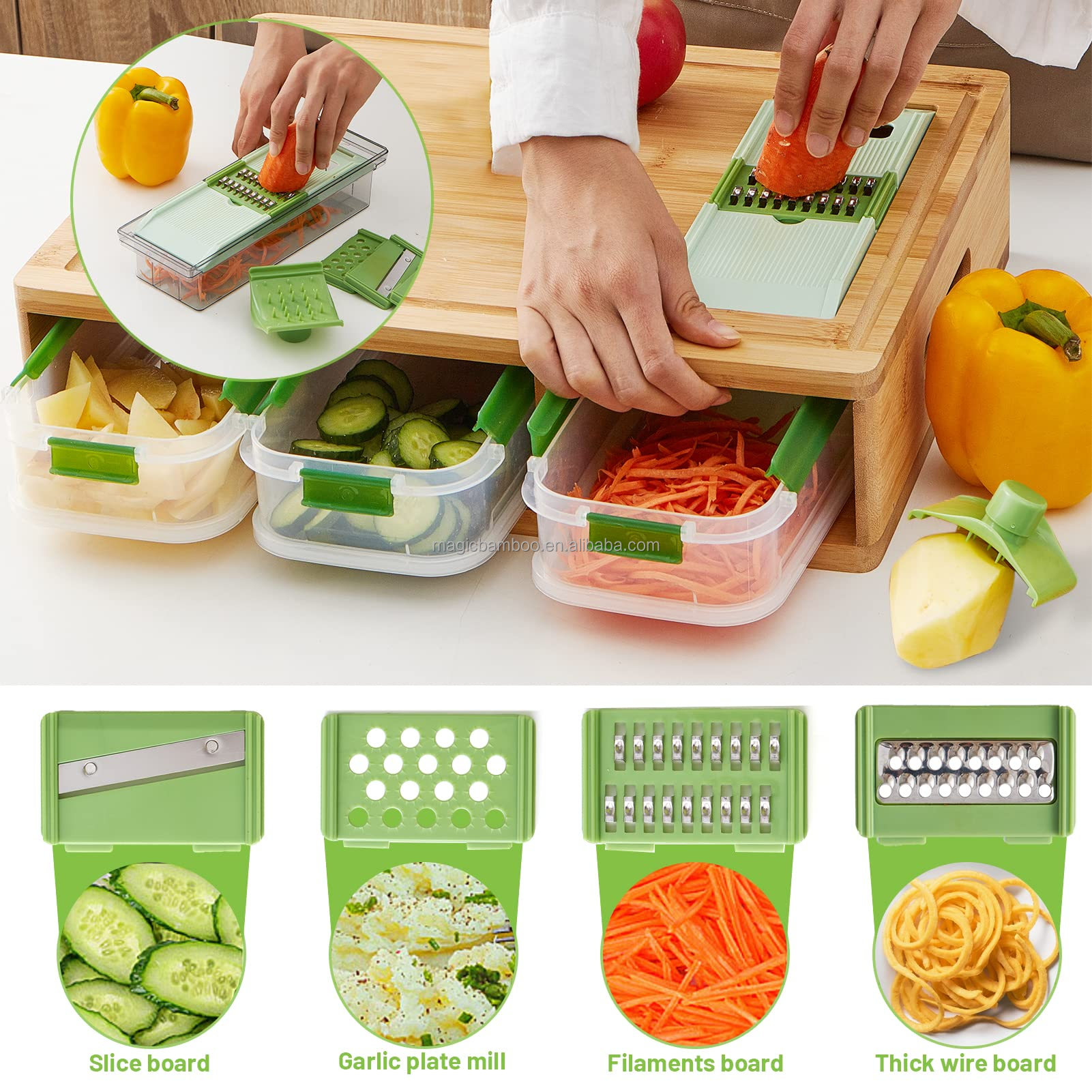 Hotel Bamboo Cutting Board With Containers And Locking Lid And Graters For Home and Bar