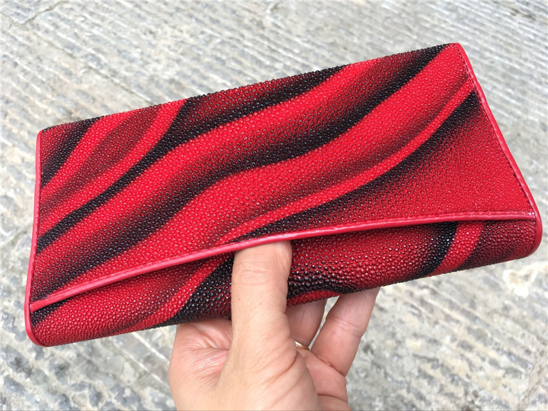 Authentic Stingray Skin Female Long Trifold Wallet Coin Case Genuine Leather Women Large Red Clutch Purse Lady Money Bag
