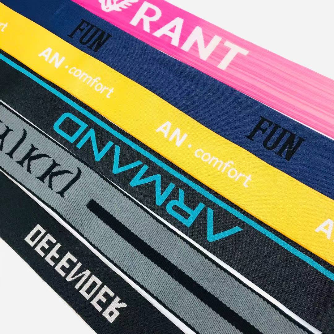 Customized own logo pattern Polyester Woven Knitted Jacquard Soft Elastic Band For Underwear Boxer Shorts Waistband Belt