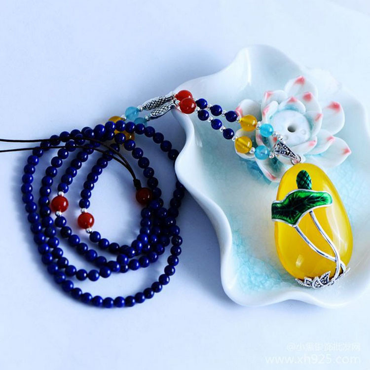 Natural Lapis Lazuli Strand Necklace with Silver Enamel Yellow Chalcedony Pendant(XH057271W)