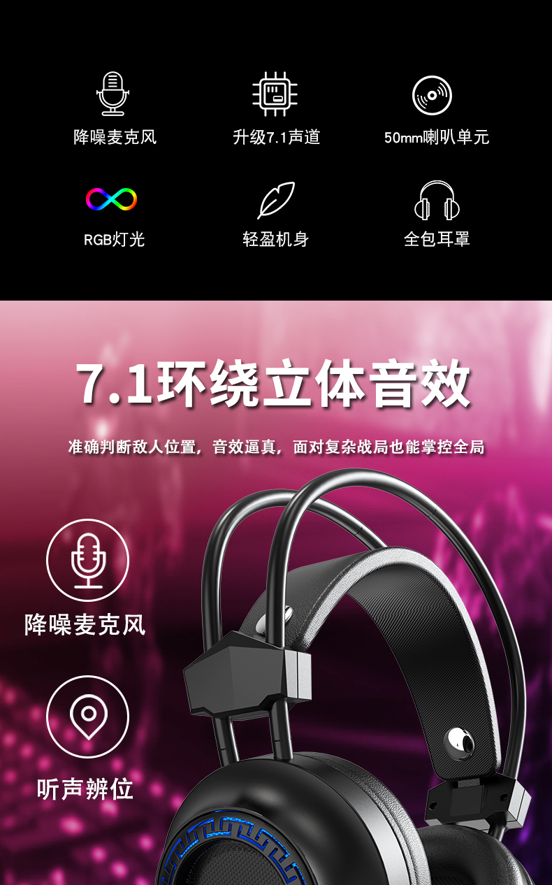 Neutral Headphones 7.1 Listening to Sound Discrimination Cool Lighting Effect Noise Cancelling Headphones with Wheat Chi
