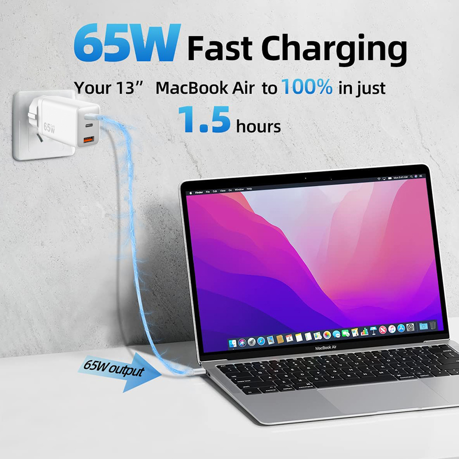 White 65W 3 Port USB Fast Charger USB C Fast Charging Adapter Wall Charger