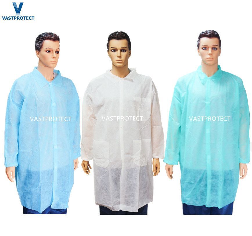 White Polypropylene Disposable Long Sleeve Lab Coat, Snap Front, No Pockets, Open Wrist