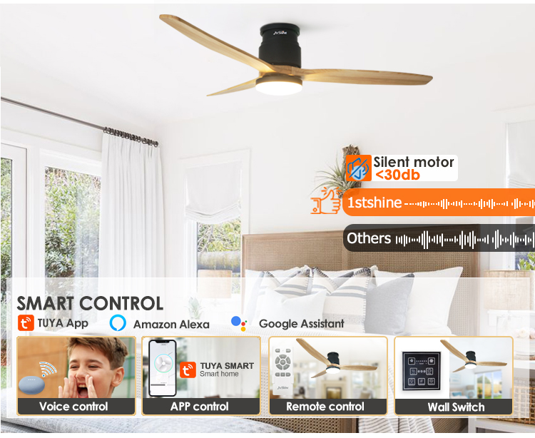 Modern Design Wooden Blades DC Ceiling Fan with Reversible Function and Remote Control