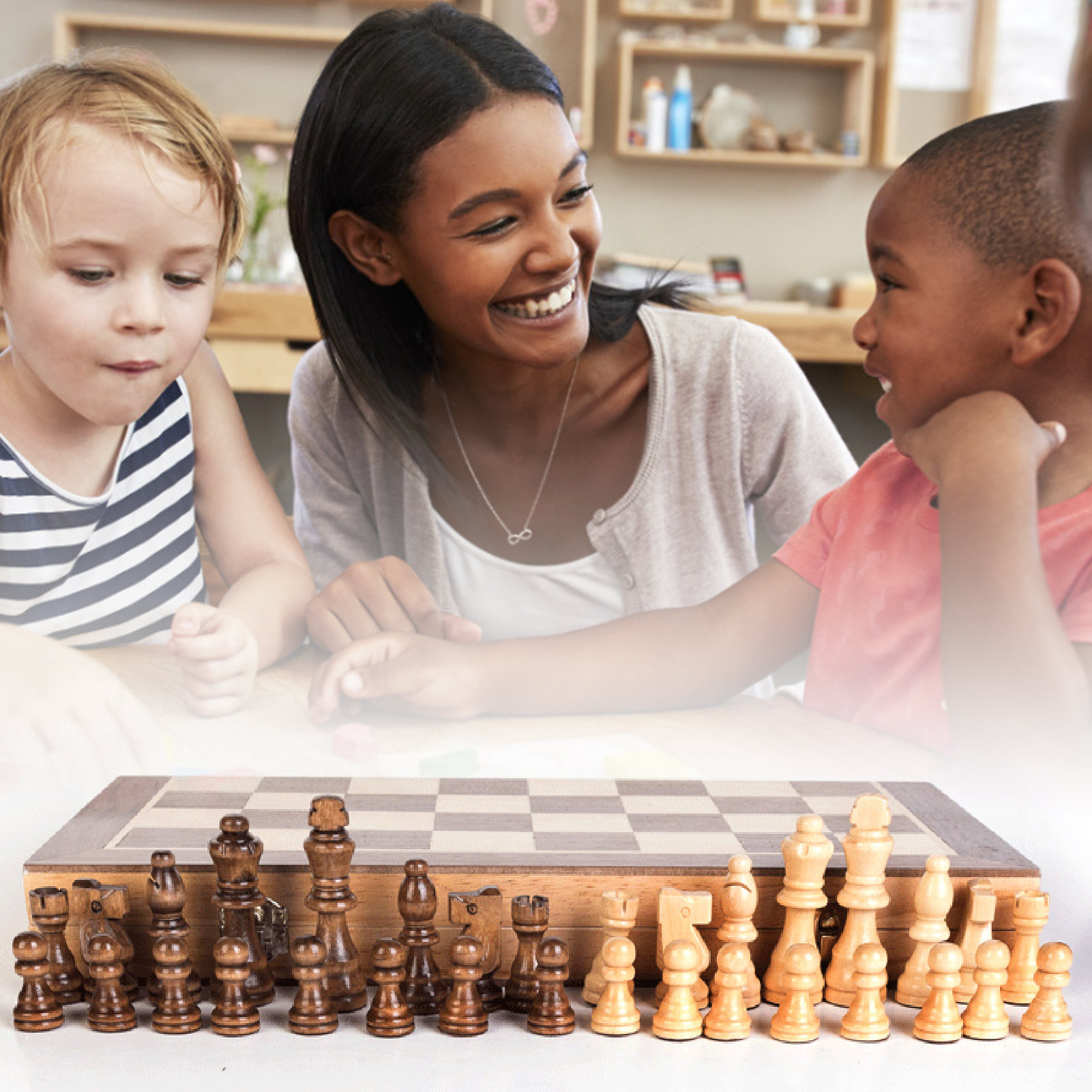 Checkers 1.97in Large Folding Chess Board Wooden Magnetic Chess Set