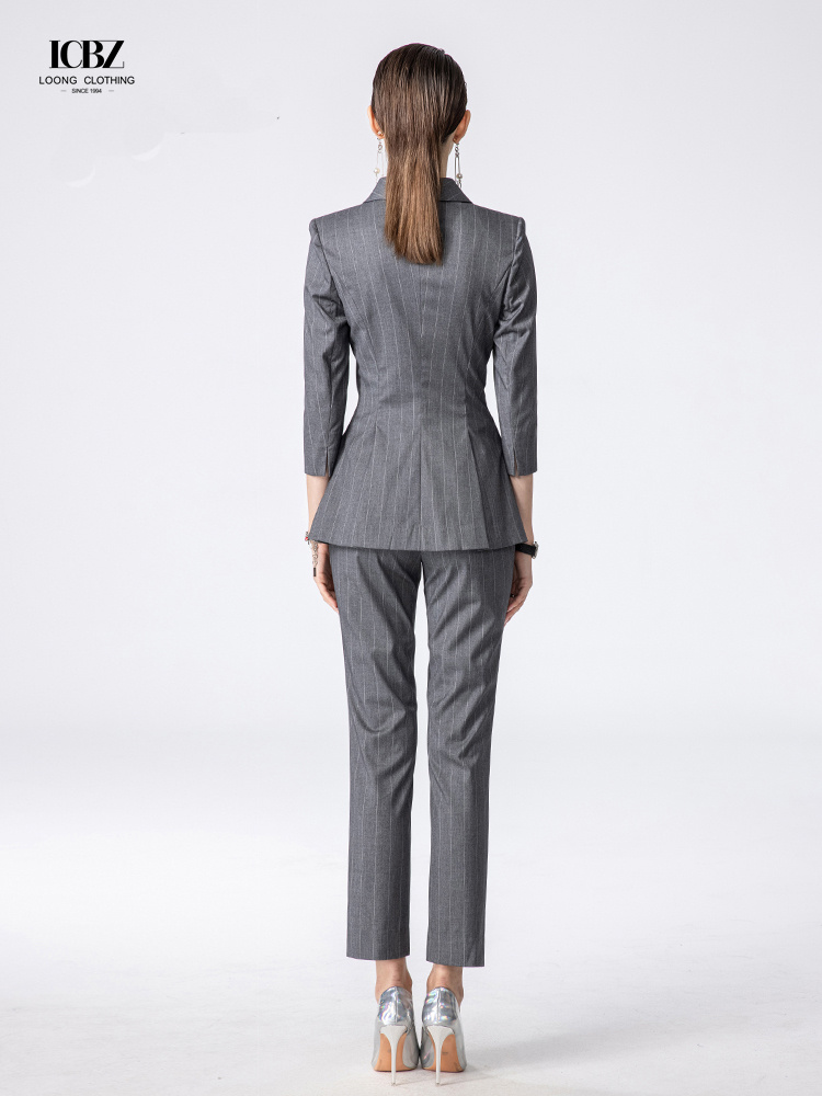 Solid Pattern Women's Office Wear Custom Dark Gray Striped Professional Work Suit