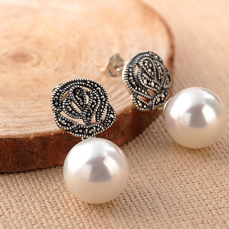 925 Silver Round 12mm White Simulated Shell Pearl Earrings Thai Style Jewellery (E12143)