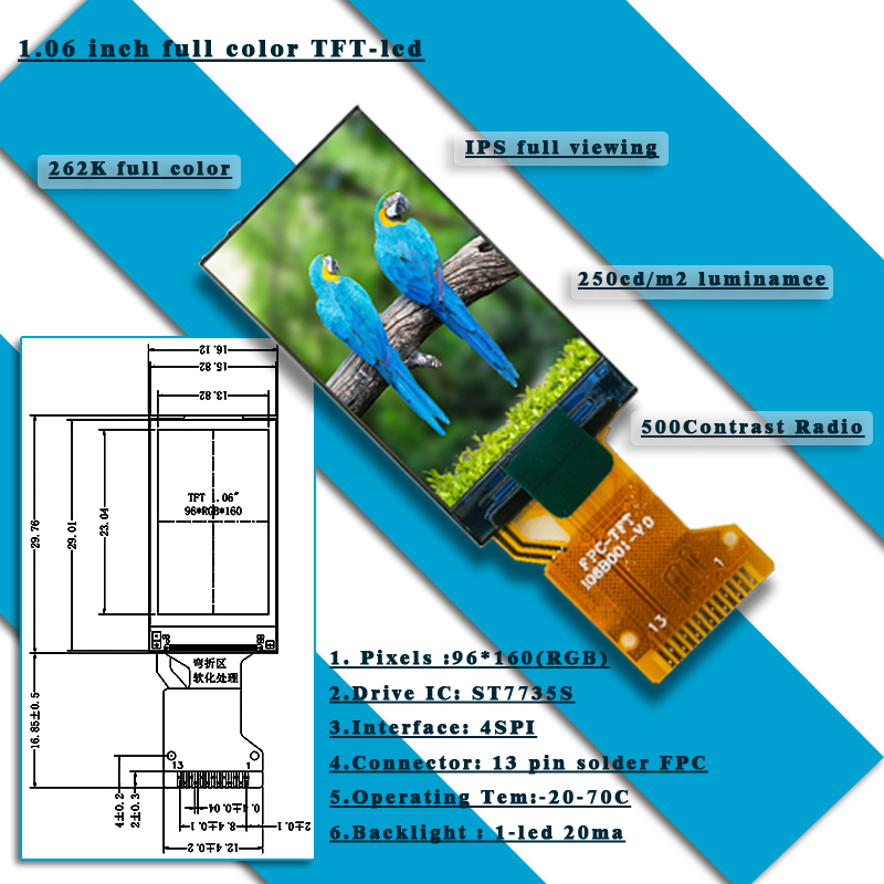 1.06 Inch TN TFT LCD Module 96x160 RGB SPI Display