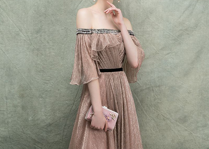 Gold Brown Princess Ball Gown Off Shoulder Long Tail With Puffy Ruffles Pleats
