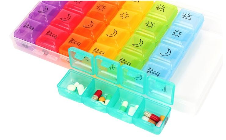 28 compartment column shape plastic pill storage box with pill crush box, Conventional eco-friendly 4 grids plastic trav