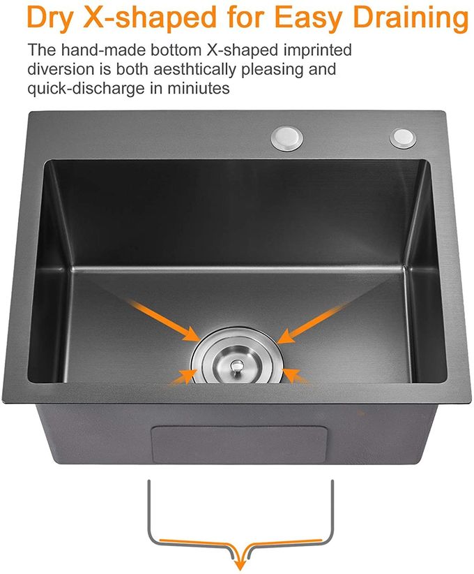 Luxury Single Bowl Matte Black 304 Stainless Steel Topmount Handmade Kitchen Sink