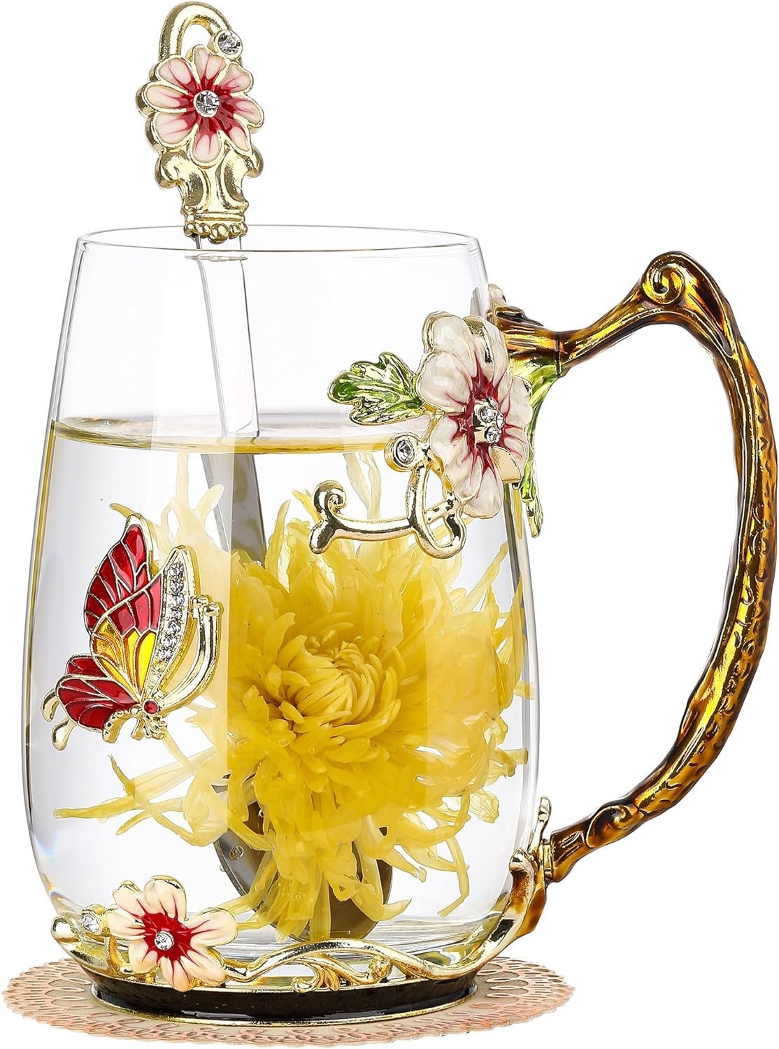 4 Sets Flower Tea Cups Vintage Glass Coffee Mugs With Spoon