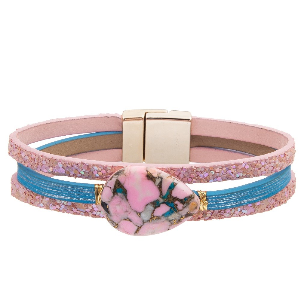 Bohemian Style Magnetic Buckle Leather Bracelet Set With Zircon Drop Shaped Turquoise
