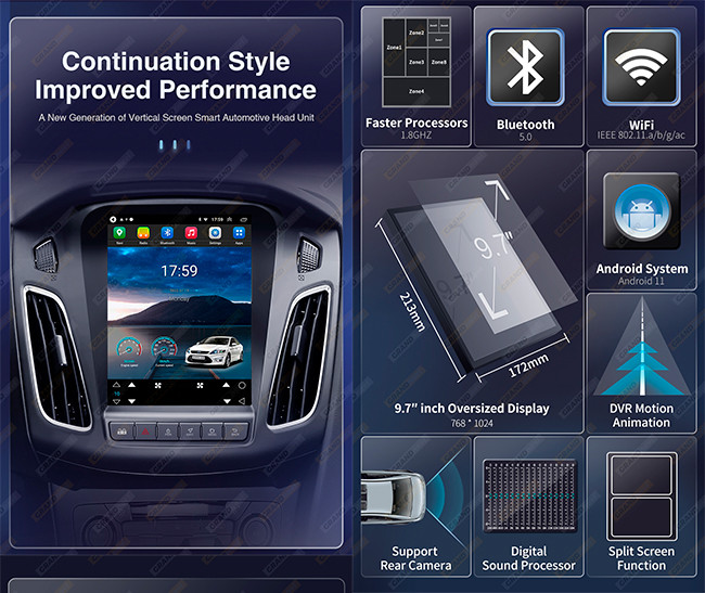 Ford Focus 2012-2018 Android Car Stereo with Apple Carplay Rimoody 9.7 Inch