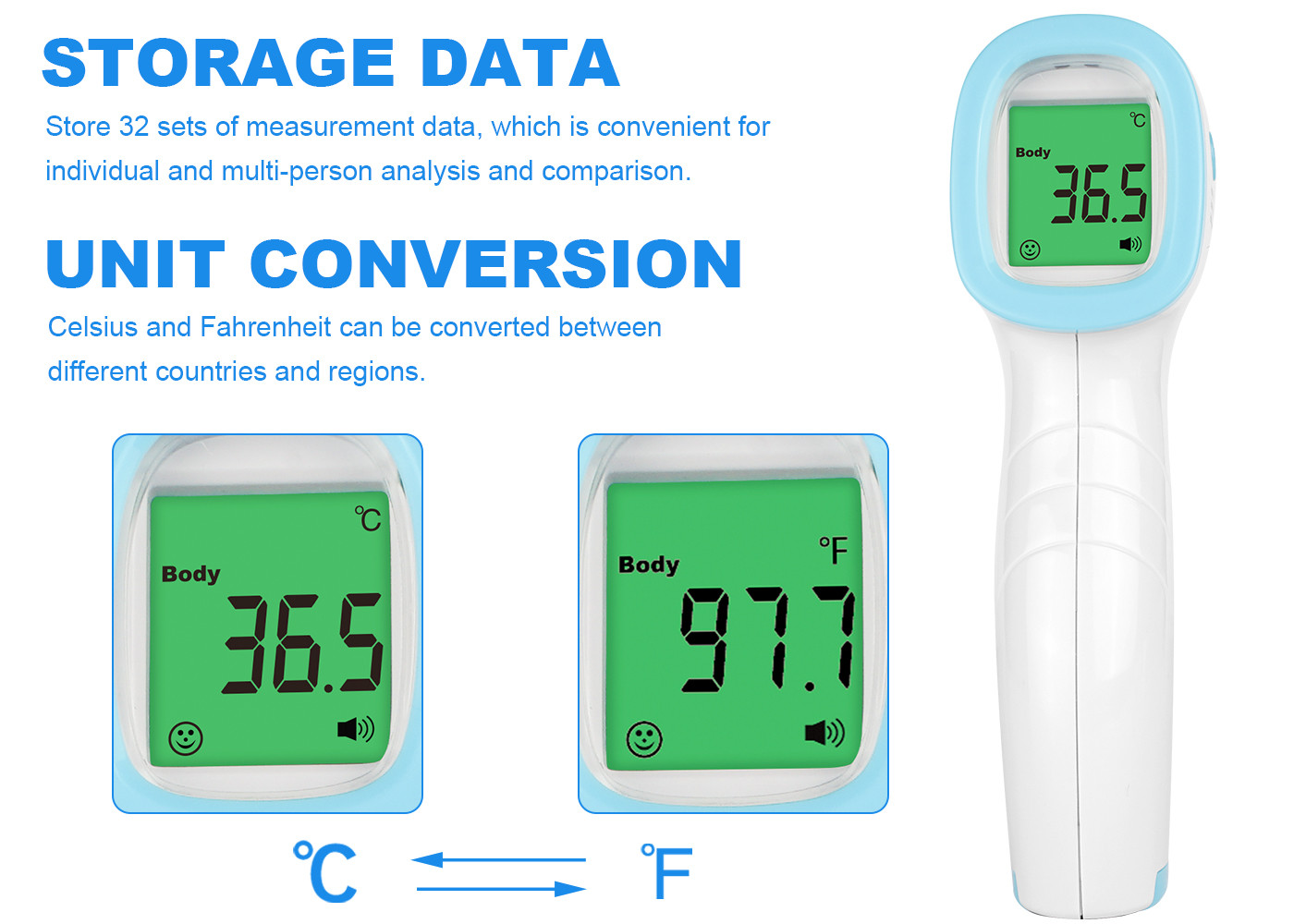 Baby Adult Digital Gun Type Non Contact Infrared Forehead Thermometer Blue