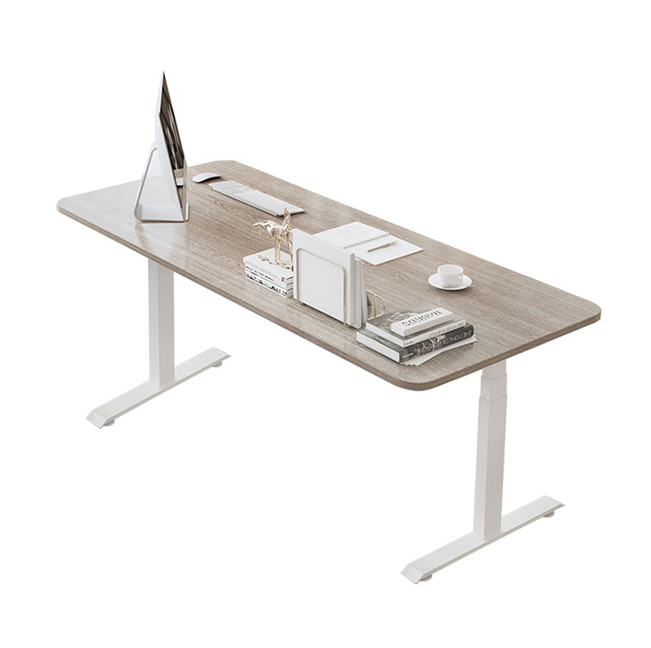 2 Stage Ergonomic Electric Height Adjustable Lifting Desk White Wooden Grain Dual Motor