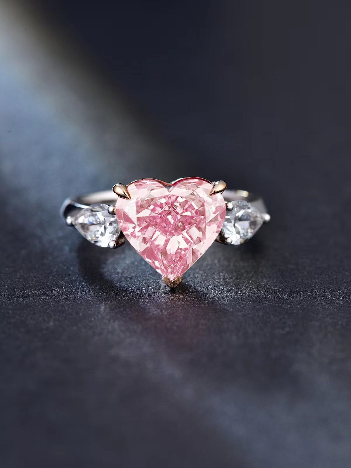 Large Size Pink Lab Grown Diamond Rings Heart Shape 4.19ct 18k White Gold Ring
