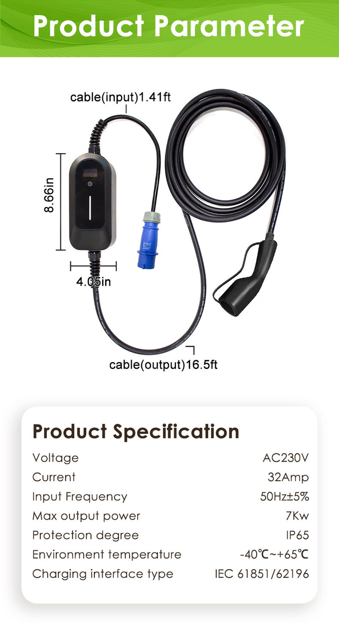 IEC 62196 Portable Ev Charger 220V 7KW MAX 32A SAE J1772 GBT 20234