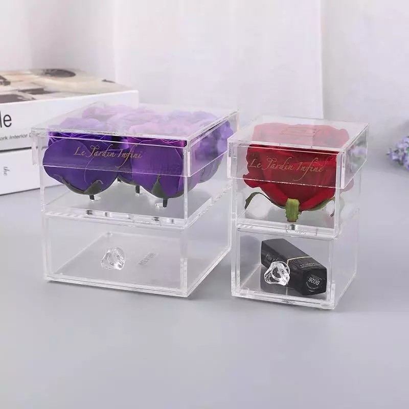 Custom preserved roses acrylic clear acrylic display box with drawer