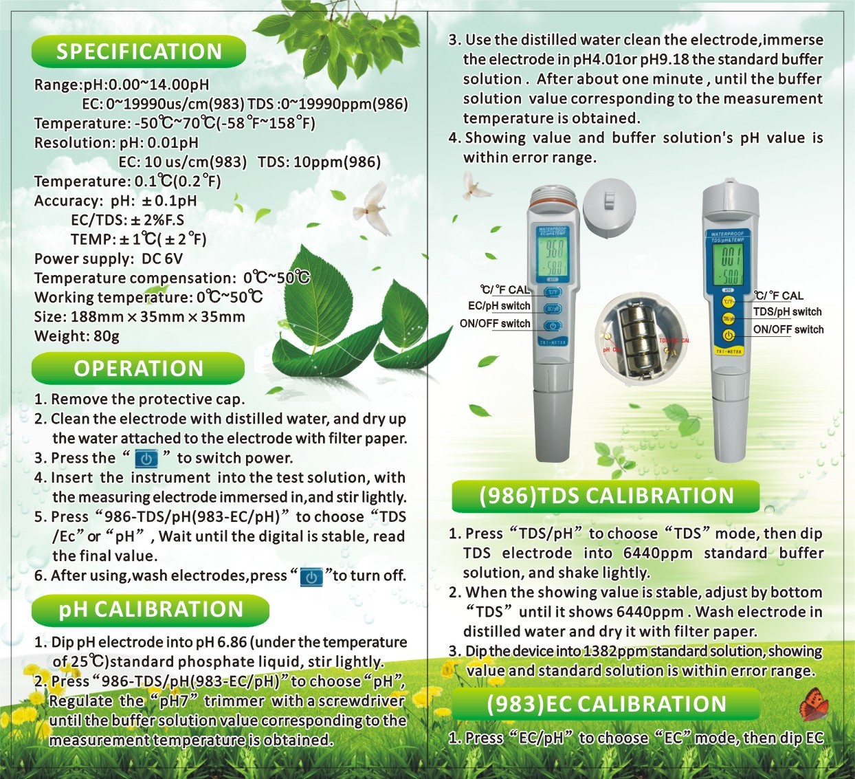 3 In 1 Portable Mini Detection TDS Water Tester Ph Water Meter PH -986 With 1 Year Warranty