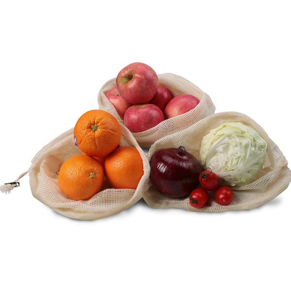 Natural Cotton Double Drawstring Reusable Eco Friendly Grocery Bag Shopping Net Produce OrganicMesh Fruit Bag