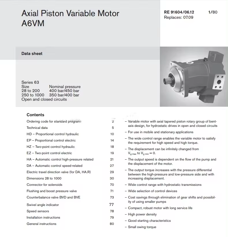 Hydraulic Bent Axis Piston Motor A6VM80 A6VM107 A6VM55 A6VM160 A6VM200 For Wheel Crane