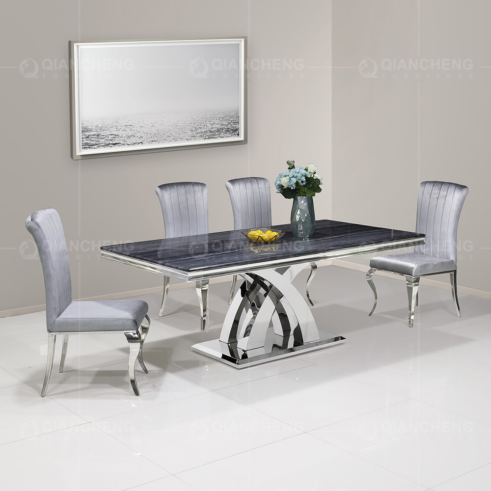 UK Style 0.57cbm Grey Marble Dining Table Stainless Steel Cross Leg