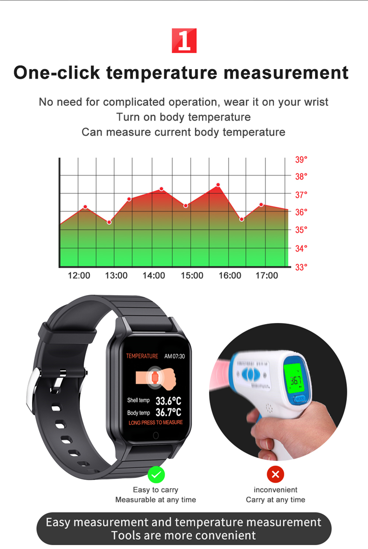 T96 Smartwatch Body Temperature Kids Waterproof Measuring Gts T96 Bracelet Fitness Health Tracker ECG