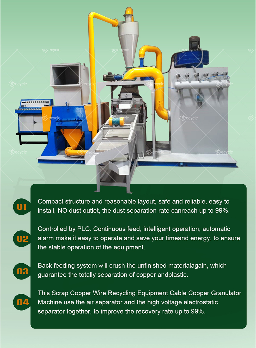 Scrap Copper Wire Recycling Machine 900kg/h Waste Copper Cable Separator Machine