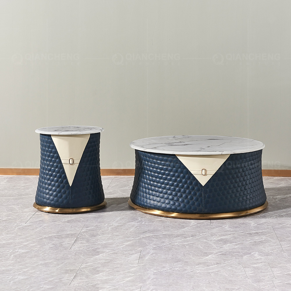 Light Luxury Round Coffee Table SS With Storage Stone Top Set Of 2 Fully Assembled Sofa Table Set