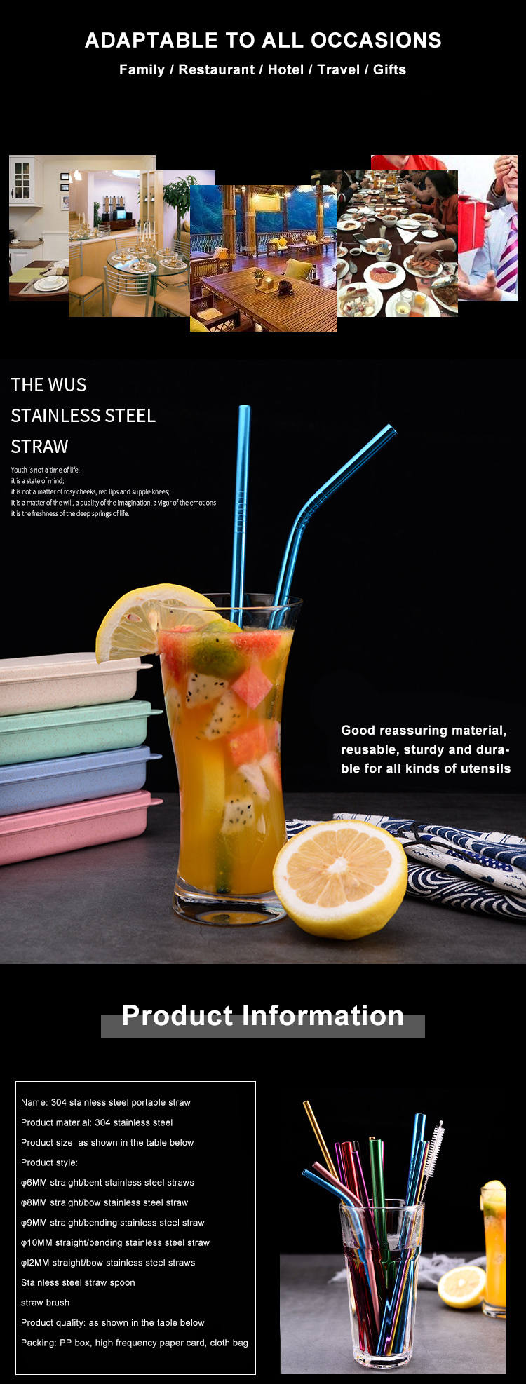 OEM 2in1 Coffee Cocktail Long Stainless Steel Straws With Spoon