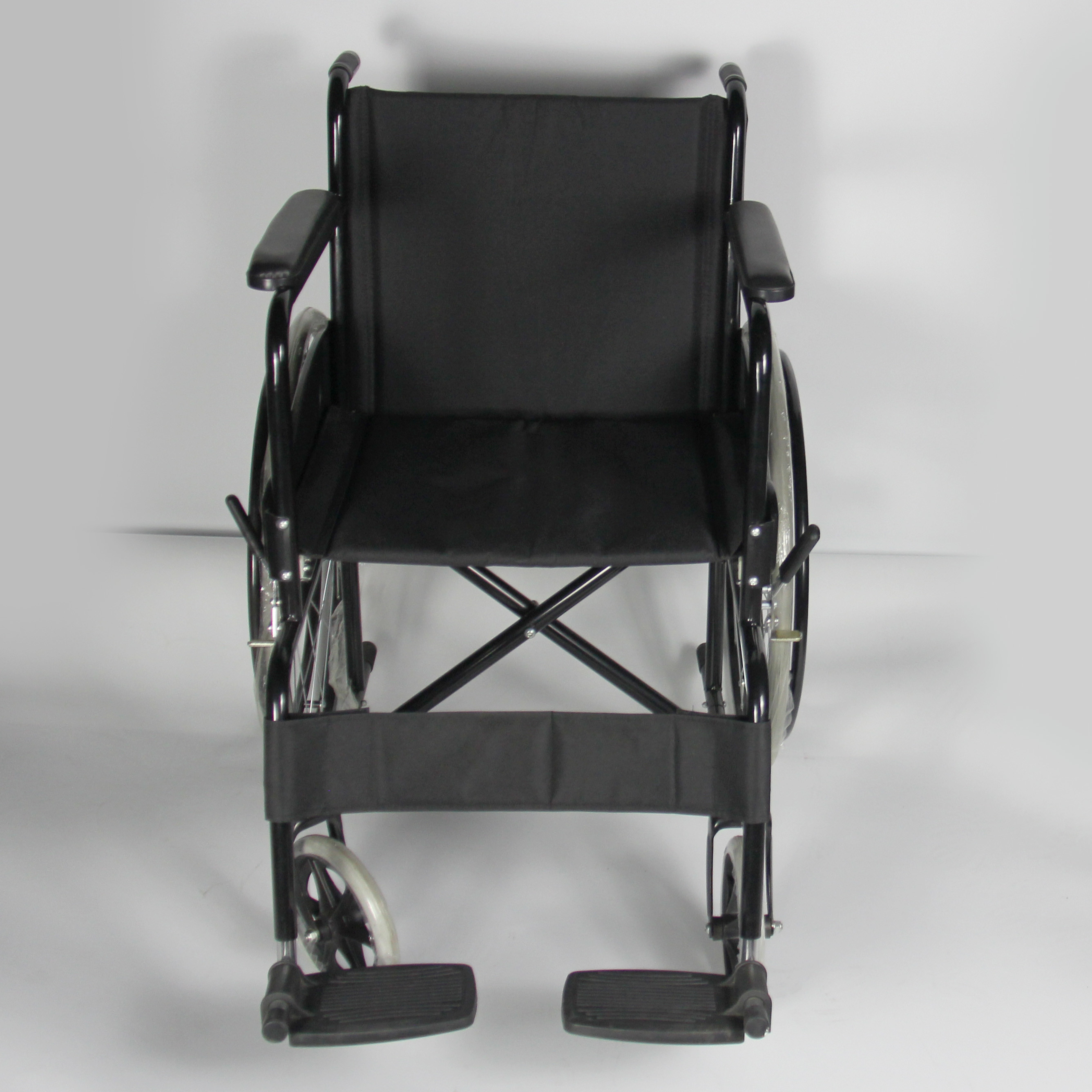 Elderly Care Folding Steel Wheelchair With Solid Castor And Rear Wheel