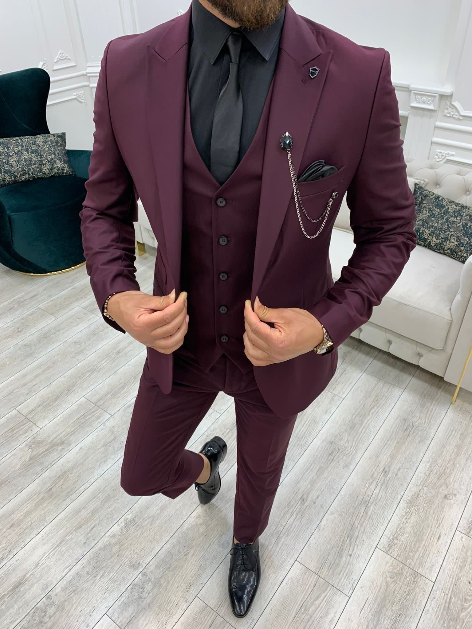 Burgundy Slim Fit Tuxedo Three Piece Suit 65% Polyester 32% Viscone 3% Lycra