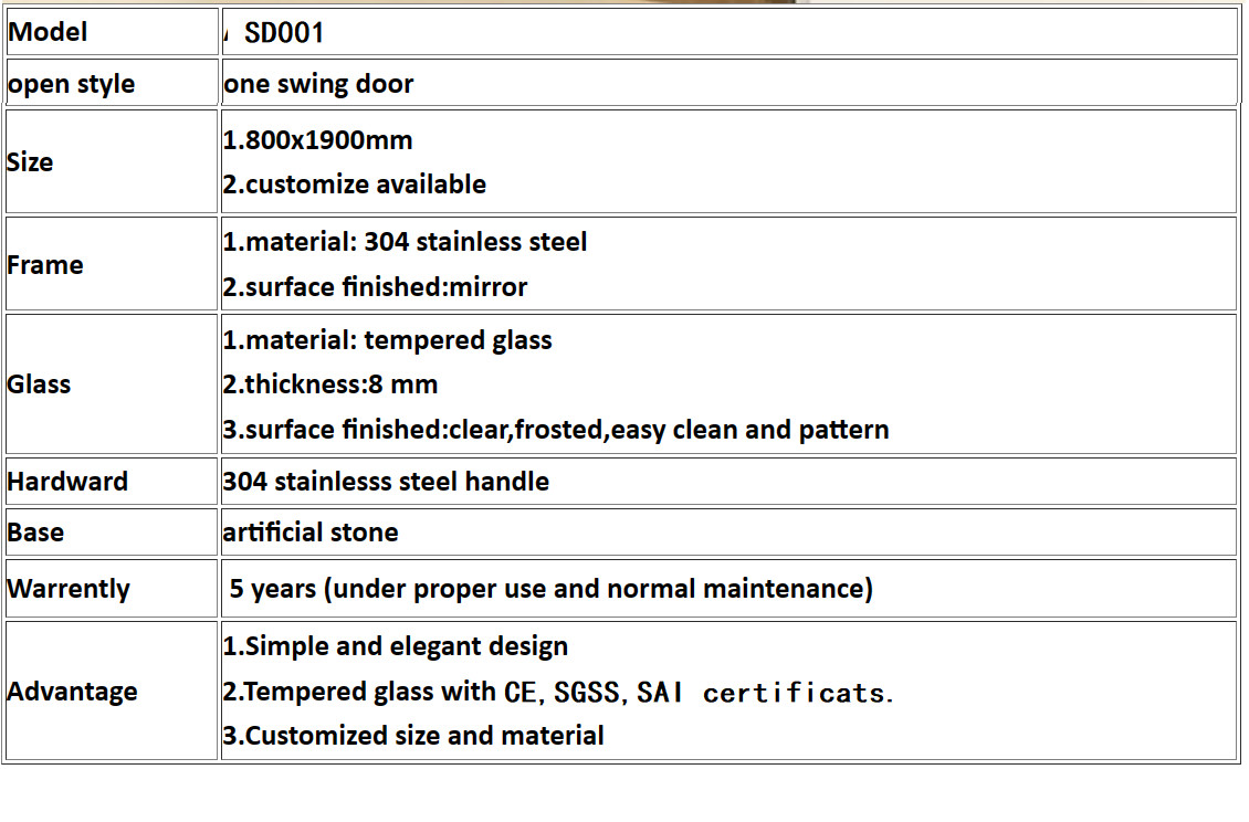Customized Hinge Tempered Glass Door Frameless Single Swing Glass Shower Door
